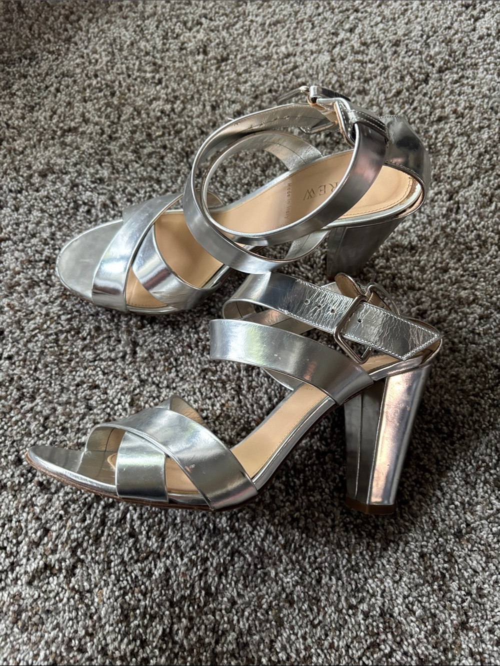 J. Crew Metallic Silver Crisscross Block Heel Sandals